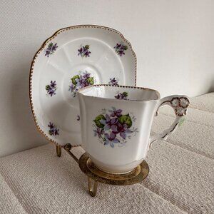 Vintage Royal Stafford Sweet Violets Square Tea Cup & Saucer Set Bone China Gold
